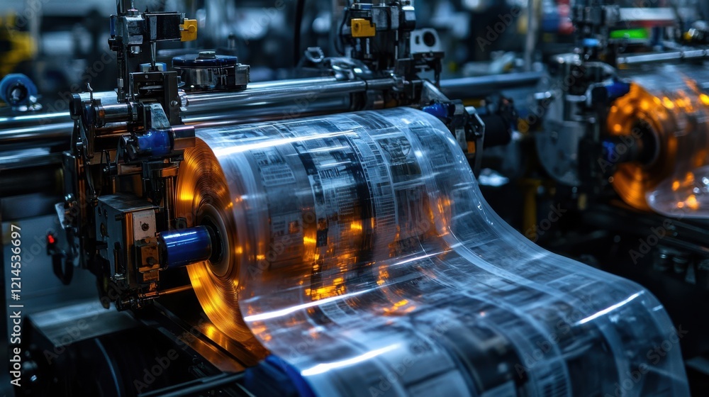 Poster a close-up view of machinery in a printing facility, showcasing a roll of transparent material with 