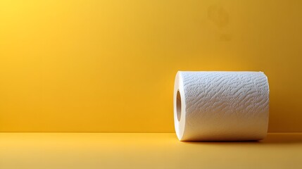 Obraz premium Toilet paper roll positioned against pale yellow backdrop showcases textured paper detail with right-aligned placement and soft shadow effects.