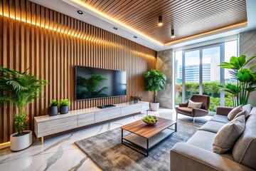 Fototapeta premium Panoramic Modern Living Room: Marble Accent Wall, Wooden Slats, Minimalist Decor & Indoor Plants