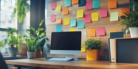 Fototapeta premium A modern workspace with colorful sticky notes on a teal wall, symbolizing creativity and organization. Ideal for productivity, office themes, and motivational visuals.