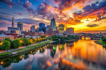 Fototapeta premium Panoramic Nashville Skyline at Dusk, Cumberland River, Tennessee