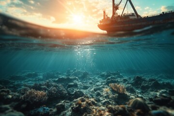 Underwater view of a boat at sunset with coral reef below.