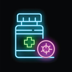 Glowing neon icon representing a bottle of pills with a medical cross and a virus symbol, evoking antiviral treatment