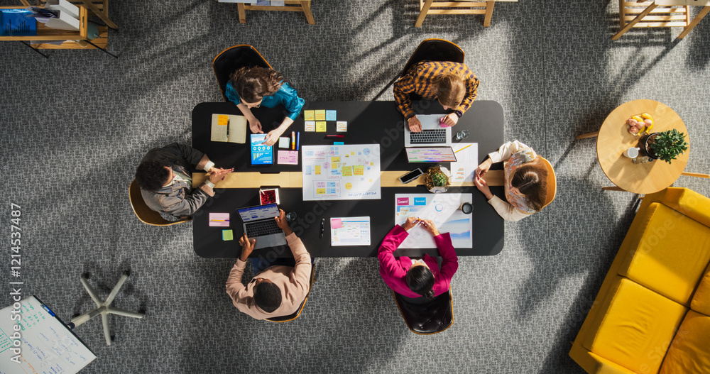 Poster top down view of young, diverse entrepreneurs in a colorful office, solving problems and designing s