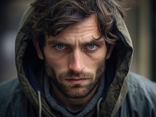 Fototapeta premium Lonely Man with a Blank Stare. Portrait of Sad Male in Casual Attire with a Dirty Facial Expression