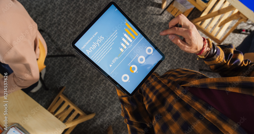Poster Close Up on a Tablet Computer Screen with Analytics Data. Businessman Analyzing Data, Managing Projects, and Use Internet. Creative Workspace with Charts and Infographics
