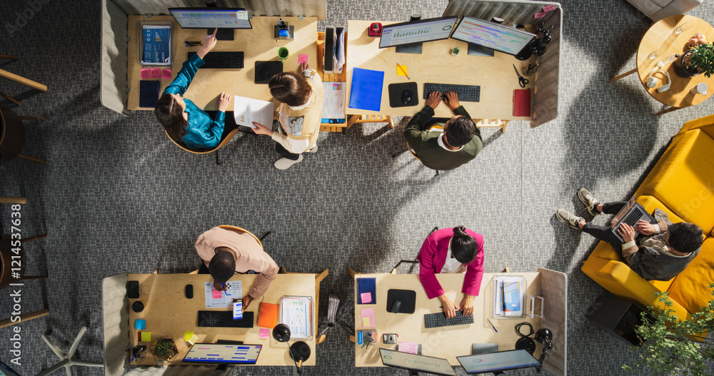 Aufkleber Top Down View of Diverse Team in a Corporate Office: Colleagues Using Desktop Computers To Analyze Financial Data, Write Reports, Calculating Sales Growth And Revenue. Technological Startup Concept