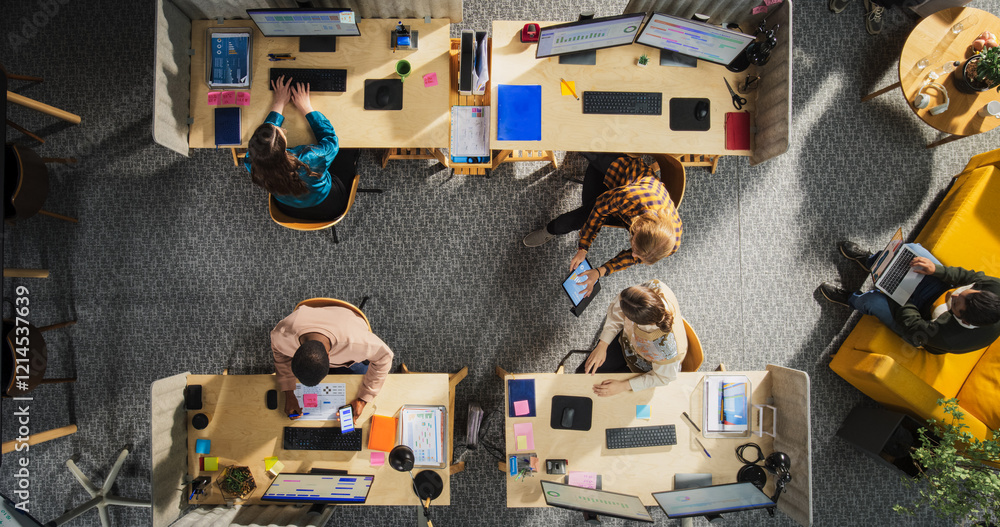 Poster top down view: diverse team of professionals working on digital projects in an office. businesspeopl