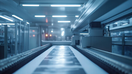 Fototapeta premium A sleek, modern conveyor system transports items in a high-tech facility, illuminated by cool blue lighting and showcasing an efficient production environment.