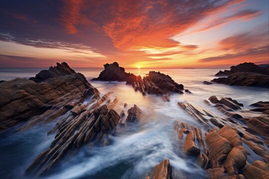 Long Exposure Seascape: Rock Light Sunset in Stunning Landscape