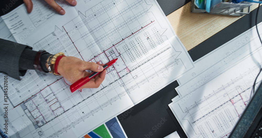 Poster Top Down View: Close Up on Engineer's Hand. Person Pointing with Red Pen on a Real Estate Project Blueprints or Architectural Plan