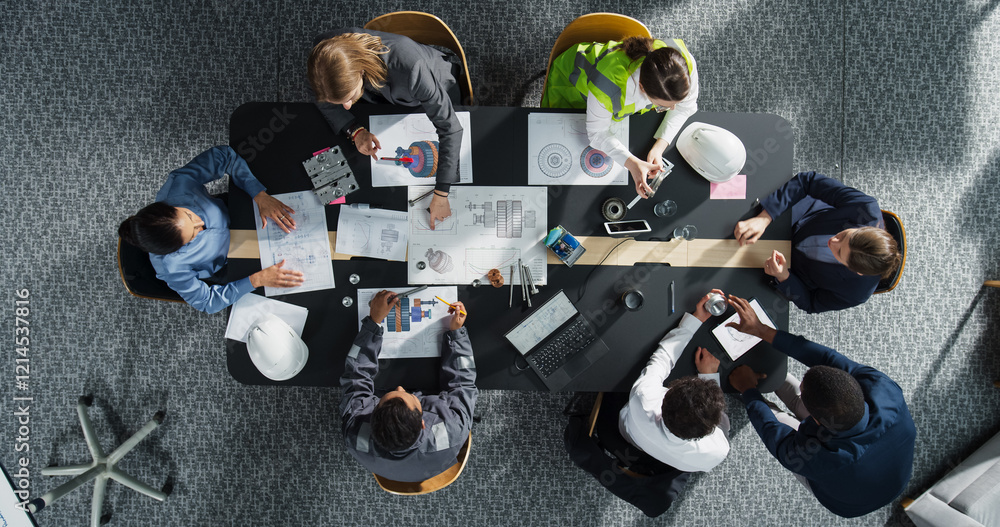 Fototapete top down view of diverse team of real estate construction engineers working with blueprints and docu