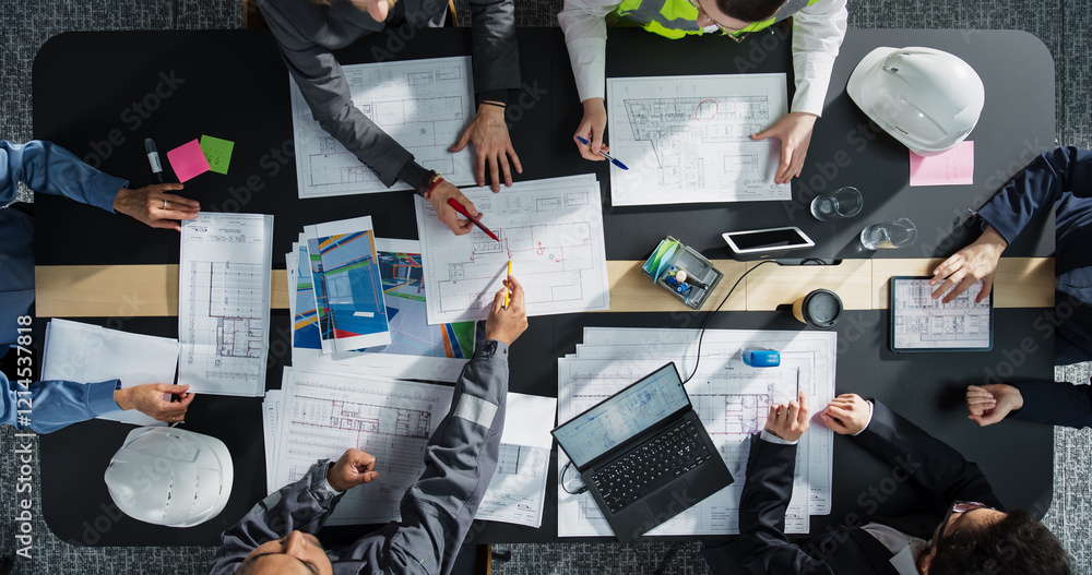 Aufkleber Top Down View of Diverse Team of Business Professionals and Engineers Working Together on Architectural Plans in a Corporate Office. Focused Colleagues Using Laptop, Tablet, Blueprints and Documents.