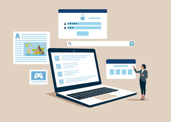 Girl use secure login and password protection on website or social media account. Secure login and sign up concept illustration.