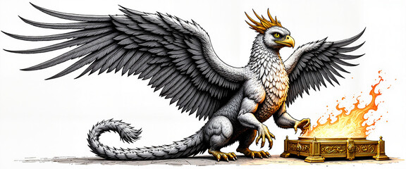 Fototapeta premium Majestic griffin guarding ancient glowing artifact, mythical power