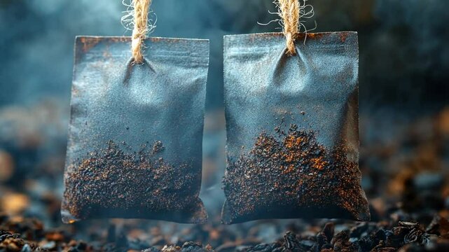 Two tea bags filled with loose tea leaves, suspended with twine.