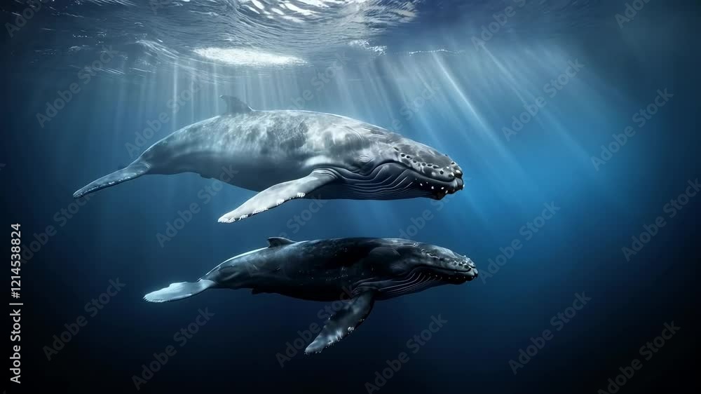 Poster two humpback whales are swimming peacefully through the dark blue depths of the ocean, sun rays filt