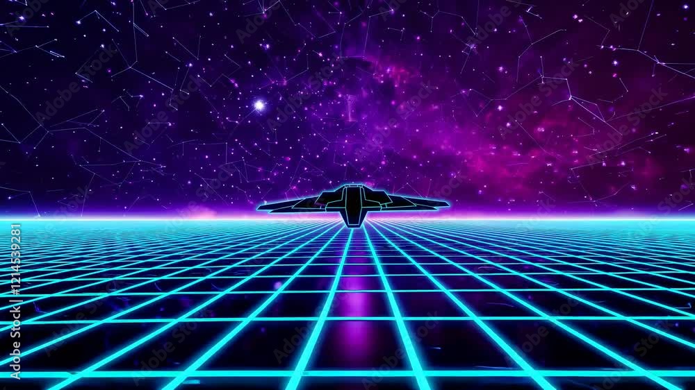 Aufkleber retro futuristic spaceship soaring over a vibrant grid, surrounded by palm trees in a synthwave land