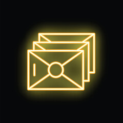 Yellow neon icon of mail envelopes is glowing on a black background