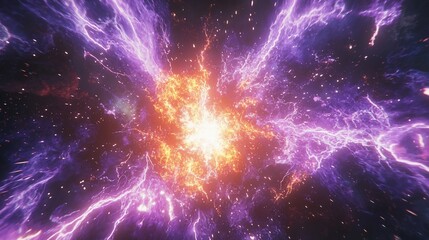 Fiery cosmic explosion with purple lightning.