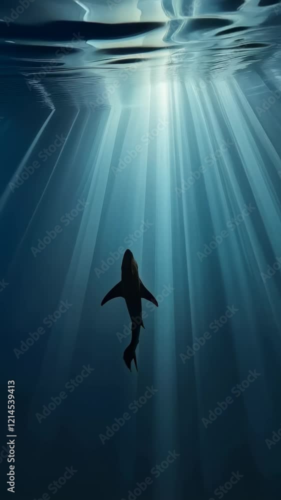 Poster sunbeams are penetrating the surface of a deep ocean illuminating a majestic shark swimming in the d