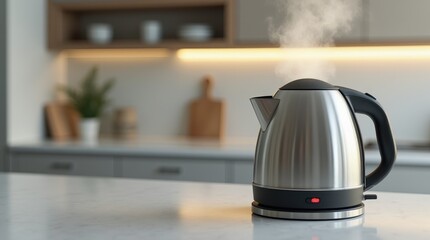 Steam rises from an electric kettle on a modern kitchen counter
