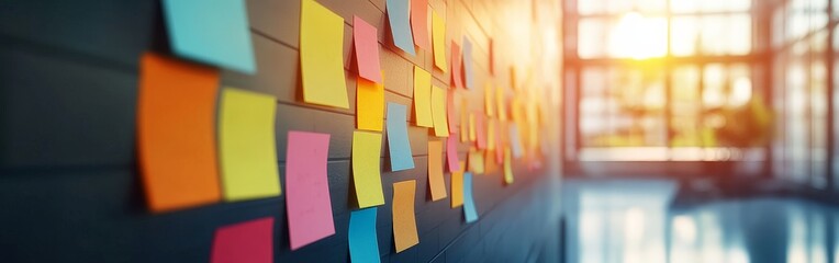 A modern workspace with colorful sticky notes on a teal wall, symbolizing creativity and organization. Ideal for productivity, office themes, and motivational visuals.