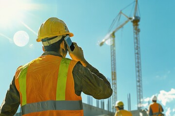 Construction worker phone call site crane sunny