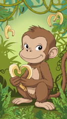 Cartoon style illustration of a monkey in a forest holding a heart-shaped banana in a fun pose