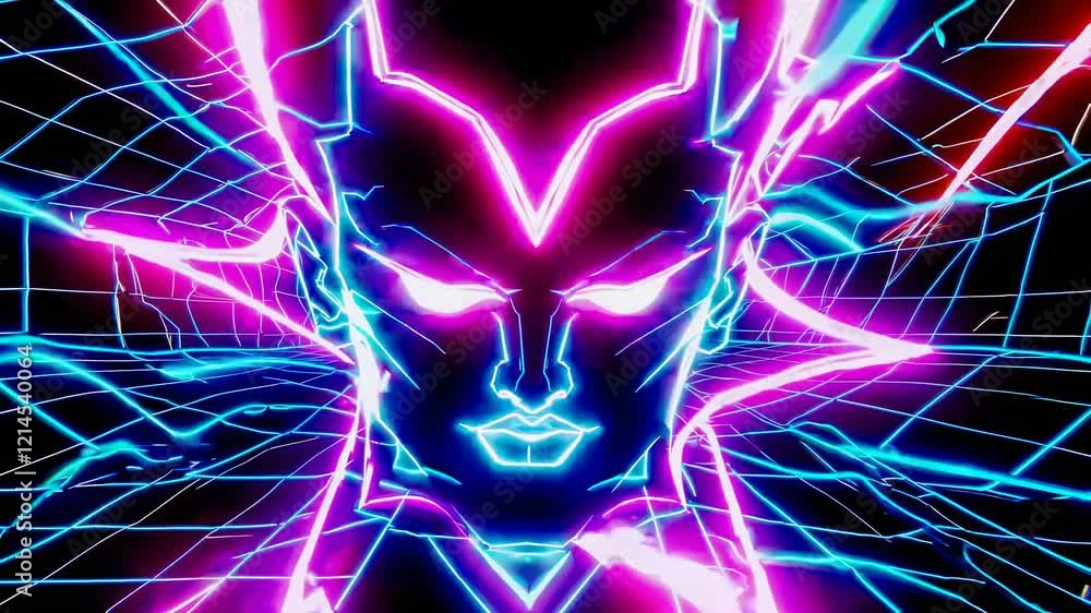 Aufkleber glowing neon face emerging from a retro synthwave grid background, creating a futuristic and vibrant