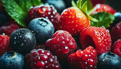 A close-up of vibrant, fresh berries glistening with dewdrops, showcasing their plump juicings