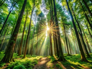Fototapeta premium Panoramic Sunlight Dappled Forest, Lush Woodland Scene, Dense Trees, Beams of Light, Nature Photography