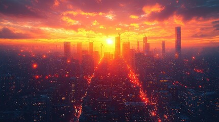 Fototapeta premium Cityscape Sunset: A vibrant and awe-inspiring aerial view of a modern cityscape silhouetted against a breathtaking sunset.