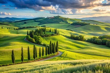 Obraz premium Panoramic Val d'Orcia Valley: Rolling Hills, Wheat Fields, and Cypress Trees in Tuscany, Italy