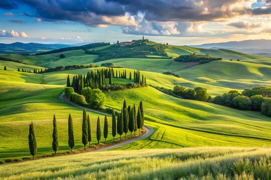Panoramic Val d'Orcia Valley: Rolling Hills, Wheat Fields, and Cypress Trees in Tuscany, Italy
