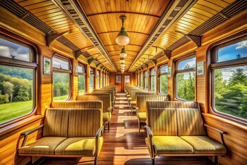 Panoramic View: Classic Wooden Train Seats, Slow Suburban Journey