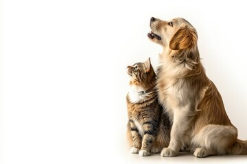 Obraz premium Cute Golden Retriever and Tabby Cat Sitting Together, Friendship Bond in Warm Light Setting