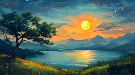 Fototapeta premium Serene Sunset Landscape Lake Mountains Tree Flowers