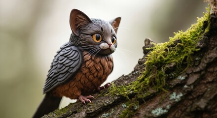 Fototapeta premium Adorable owl-cat hybrid perched on a mossy tree branch