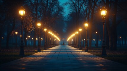 A tranquil park path with warm streetlights at night, creating a serene ambiance. Ideal for urban tranquility, reflective moments, and evening scenes.
