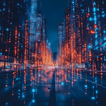 Futuristic city street at night with digital data streams.