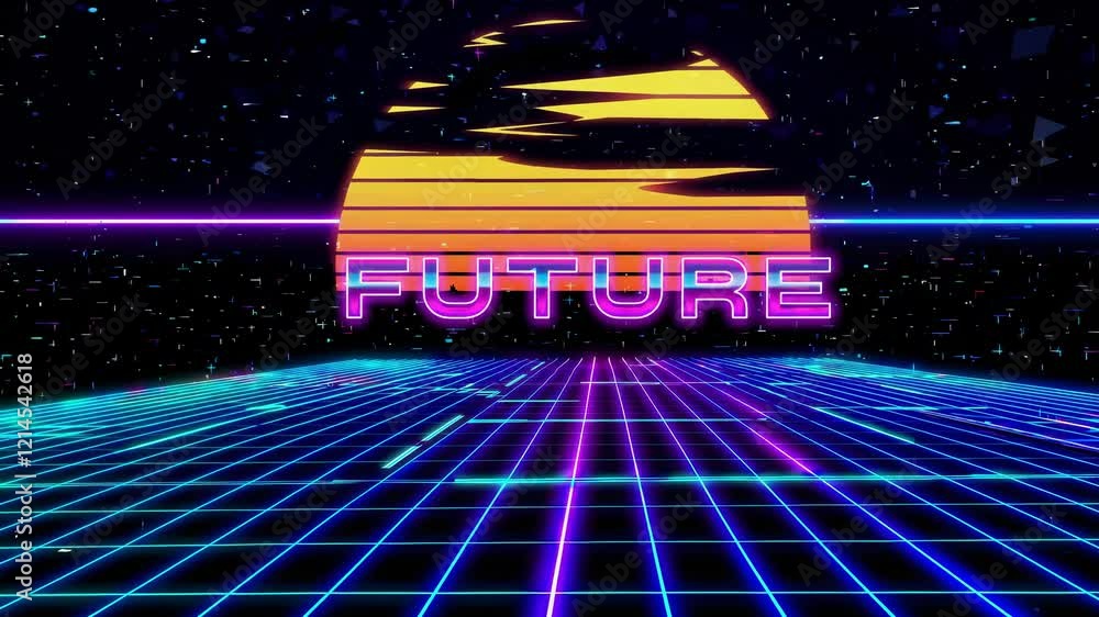 Poster glowing neon grid and radiant sun hover above a dark starry sky, crafting a retro futuristic synthwa