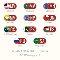 Set of vector illustrations of ISO 3166 1 alpha 2 and flags of Asian countries. Part 4.
