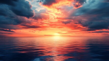 Fototapeta premium Fiery Sunset over Calm Ocean Dramatic Sky and Water Reflection