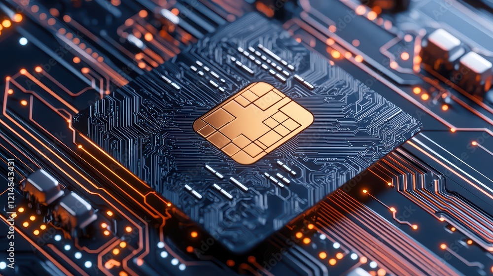 Poster intricate details of a microchip on a circuit board background