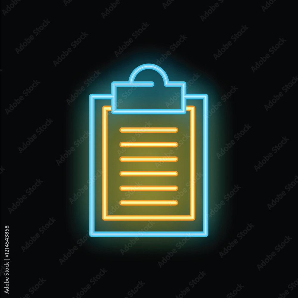 Poster bright luminous yellow and blue neon sign of a clipboard with a blank document for compiling a list 