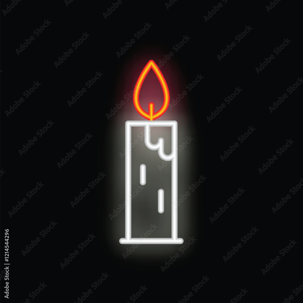 Sticker Neon sign of a tall, melting candle burning brightly with an orange flame on a black background