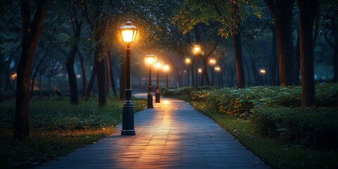 Obraz premium A tranquil park path with warm streetlights at night, creating a serene ambiance. Ideal for urban tranquility, reflective moments, and evening scenes.