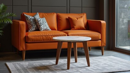 A vibrant orange leather couch rests against a sleek dark gray panel wall. In front, a petite white marble table adds elegance. Below, a chic gray and white rug anchors the space while a stylish glass