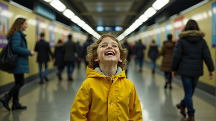 A child laughing in a crowded subway station.